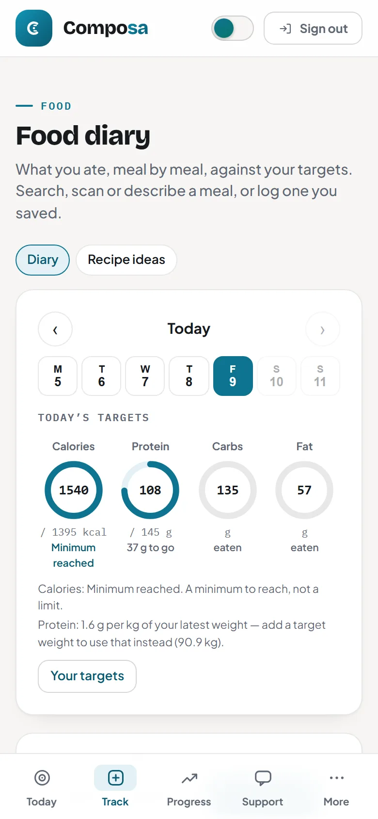 The Composa Food diary: today’s calories, protein, carbs and fat against your targets.