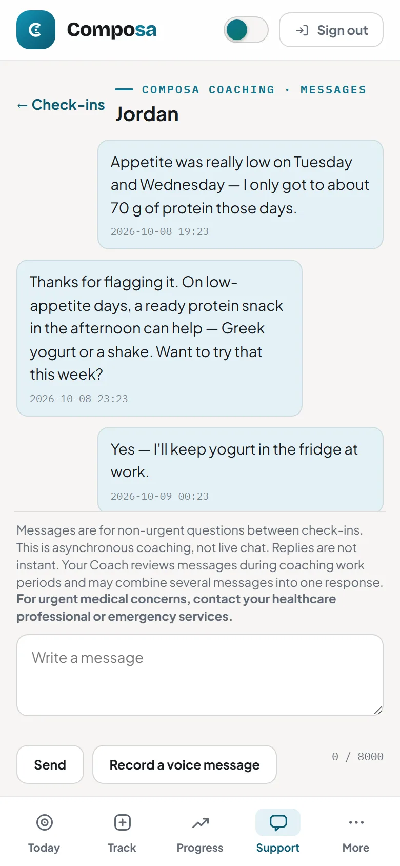 The Composa Messages screen: a member and their coach writing between check-ins, with the note that messages are not live chat.